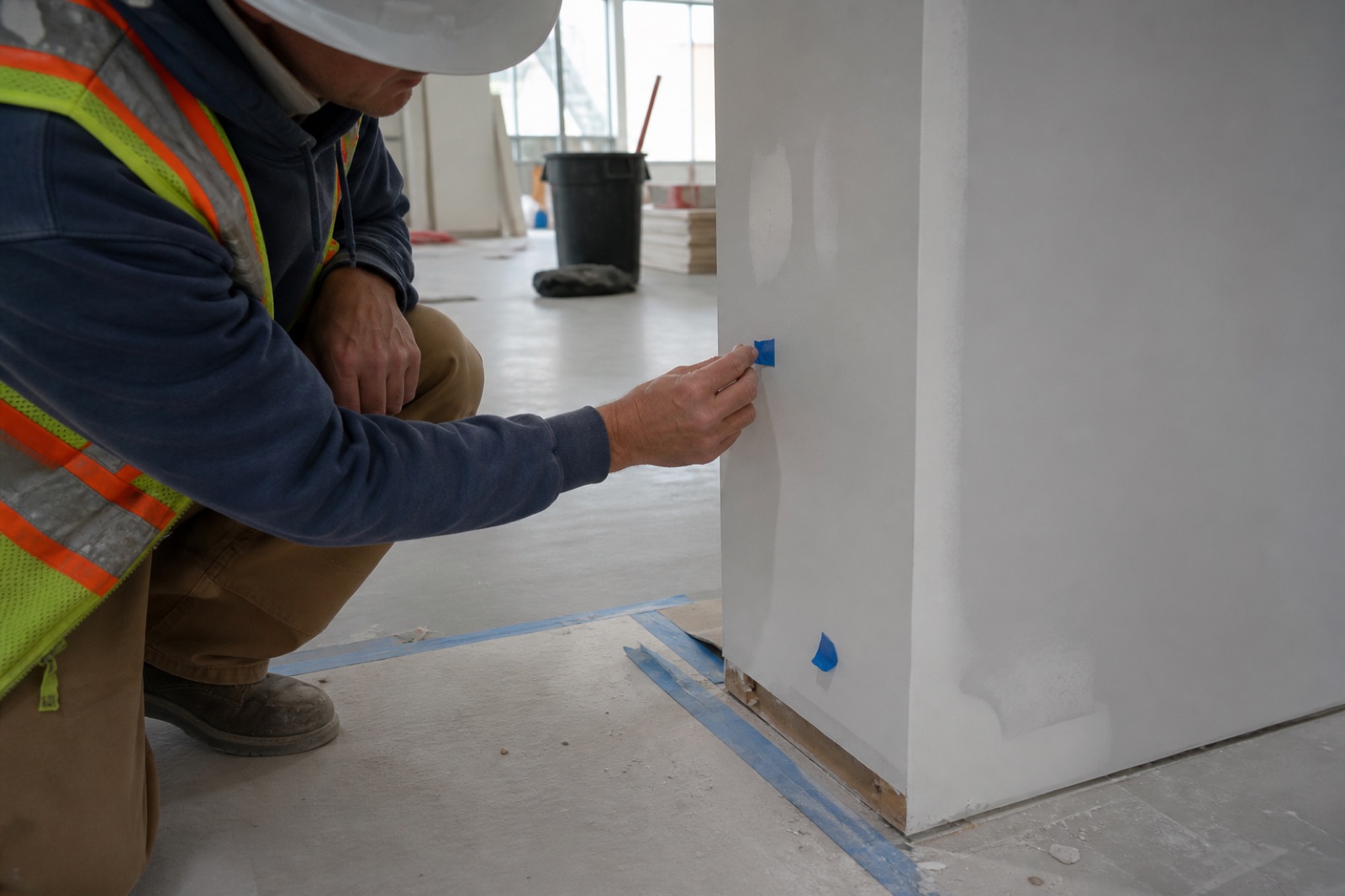 Superintendent marking unfinished drywall work during construction closeout